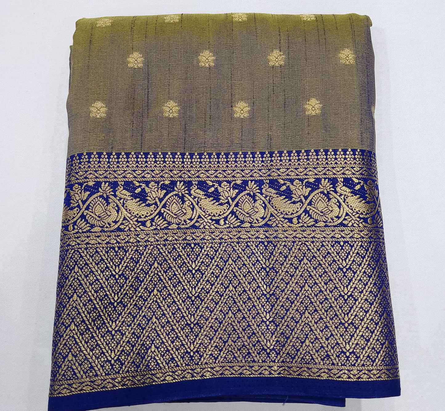 Olive Grey Dual Shade Tussar Semi Silk Saree with Royal Blue Zari Border