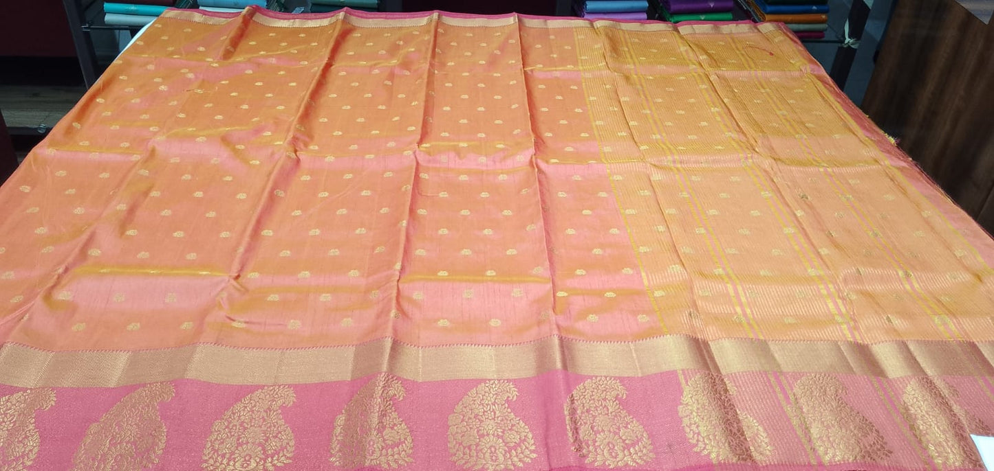 Peach Coral Dual Shade Tussar Semi Silk Saree with Rose Pink Zari Border