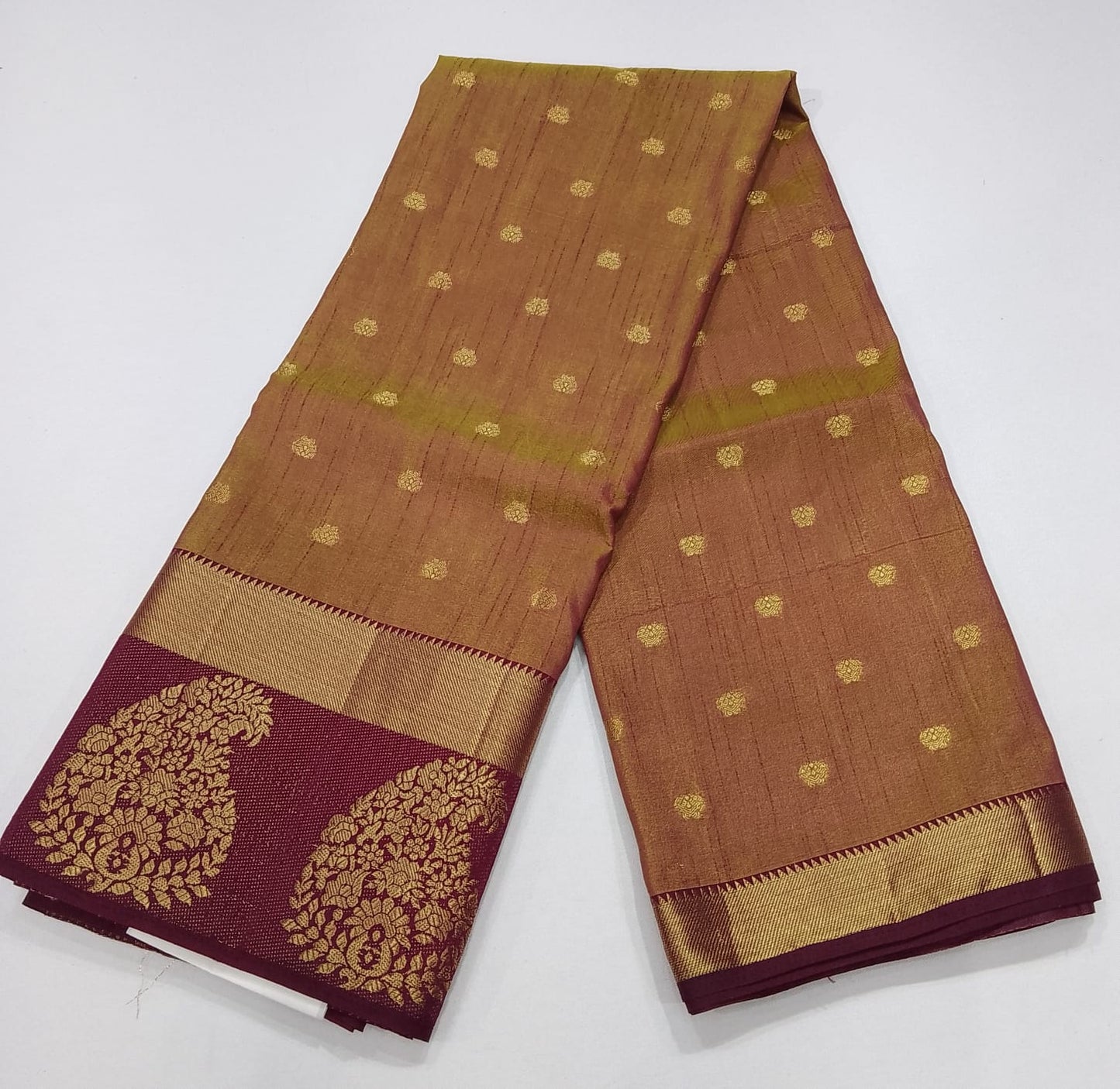 Golden Beige Dual Shade Tussar Semi Silk Saree with Wine Purple Zari Border