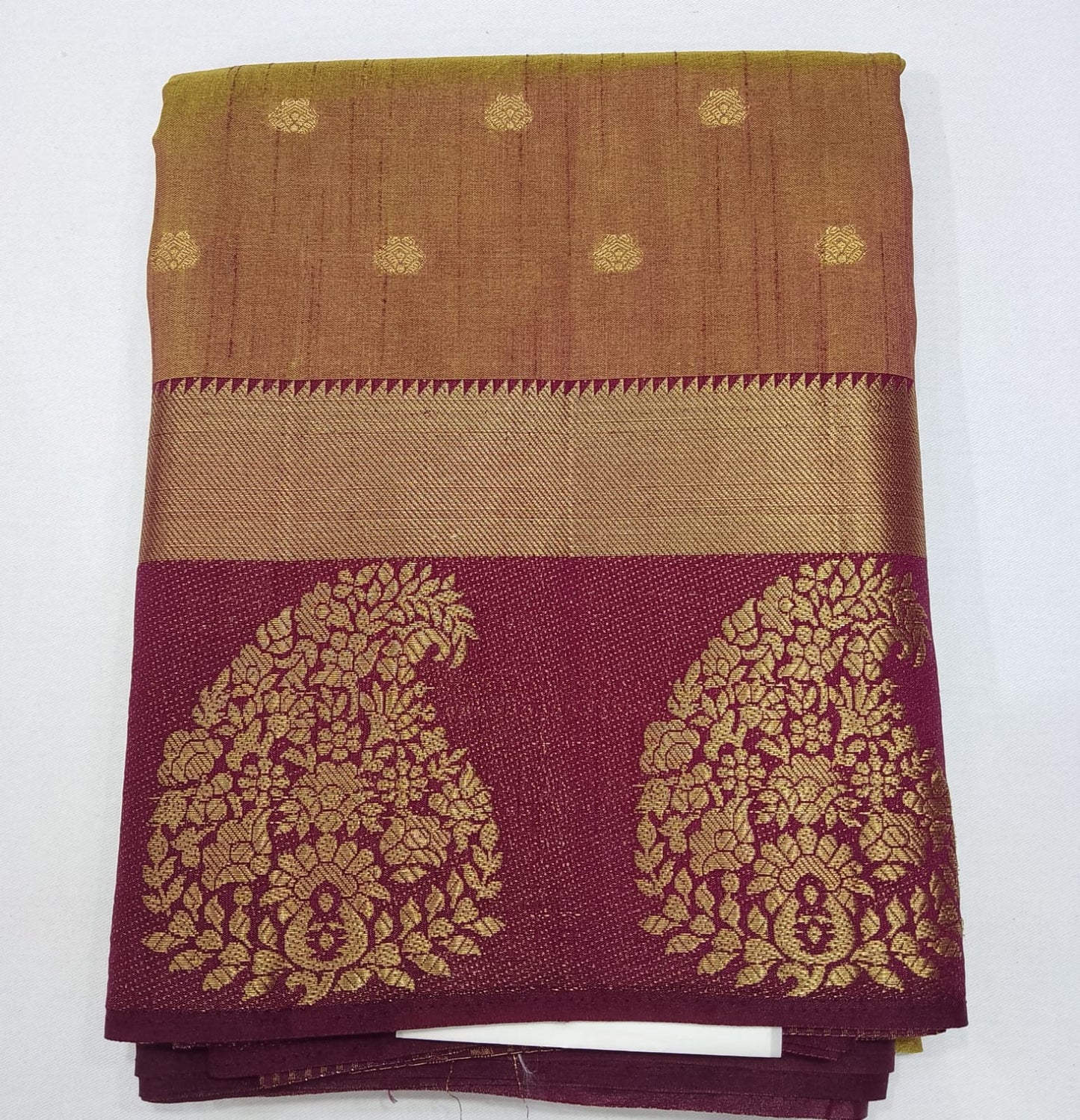 Golden Beige Dual Shade Tussar Semi Silk Saree with Wine Purple Zari Border