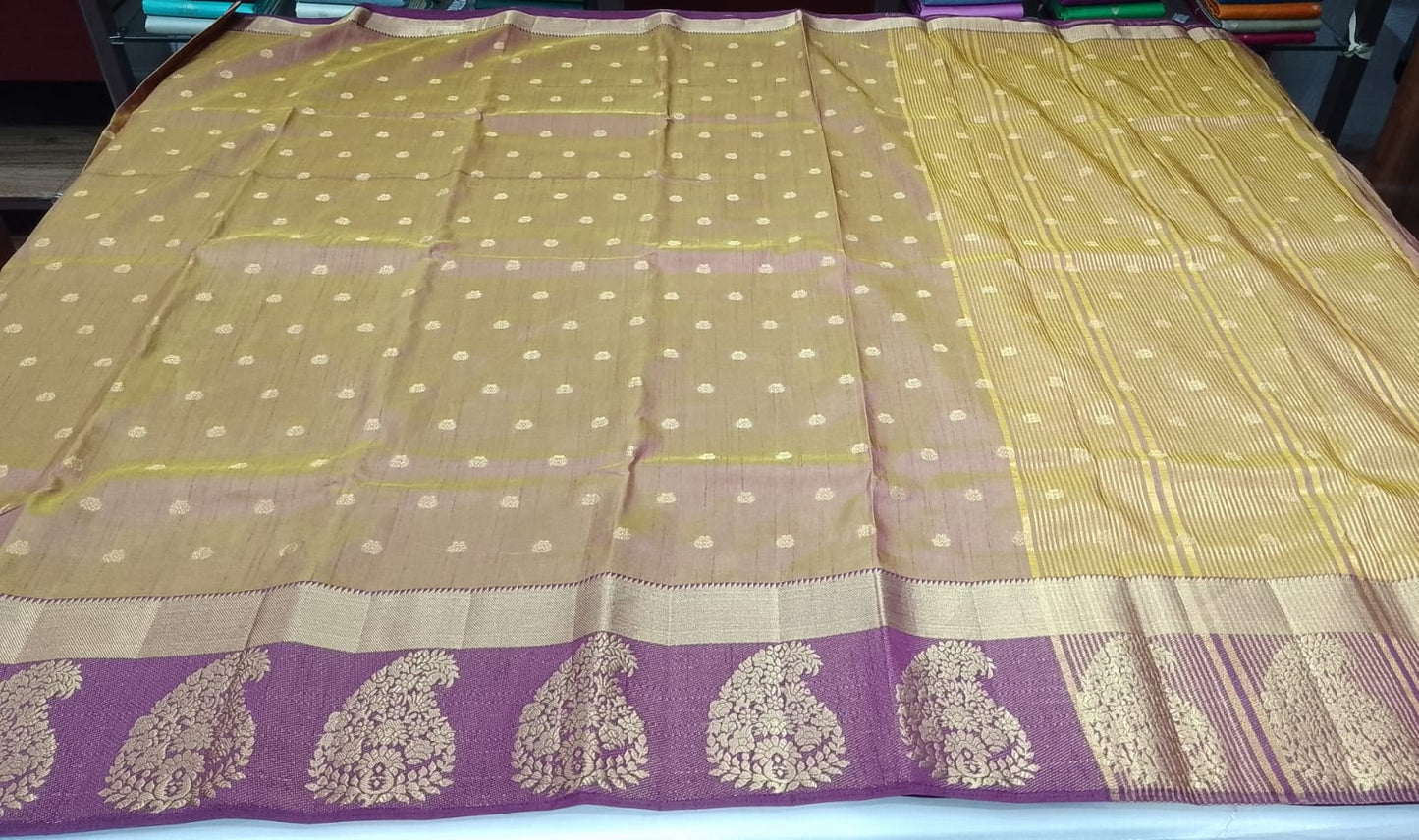 Golden Beige Dual Shade Tussar Semi Silk Saree with Wine Purple Zari Border