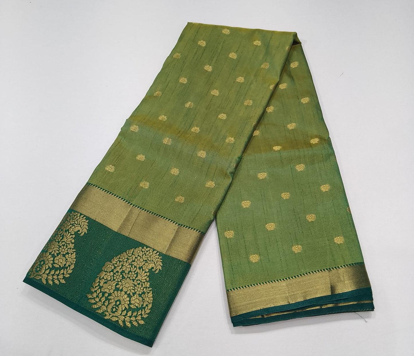 Parrot Green Dual Shade Tussar Semi Silk Saree with Peacock Green Zari Border