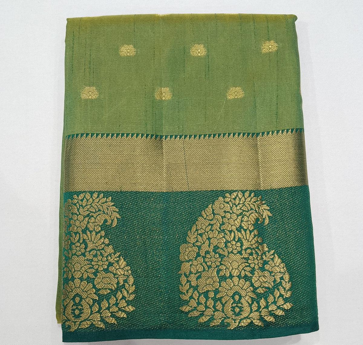 Parrot Green Dual Shade Tussar Semi Silk Saree with Peacock Green Zari Border