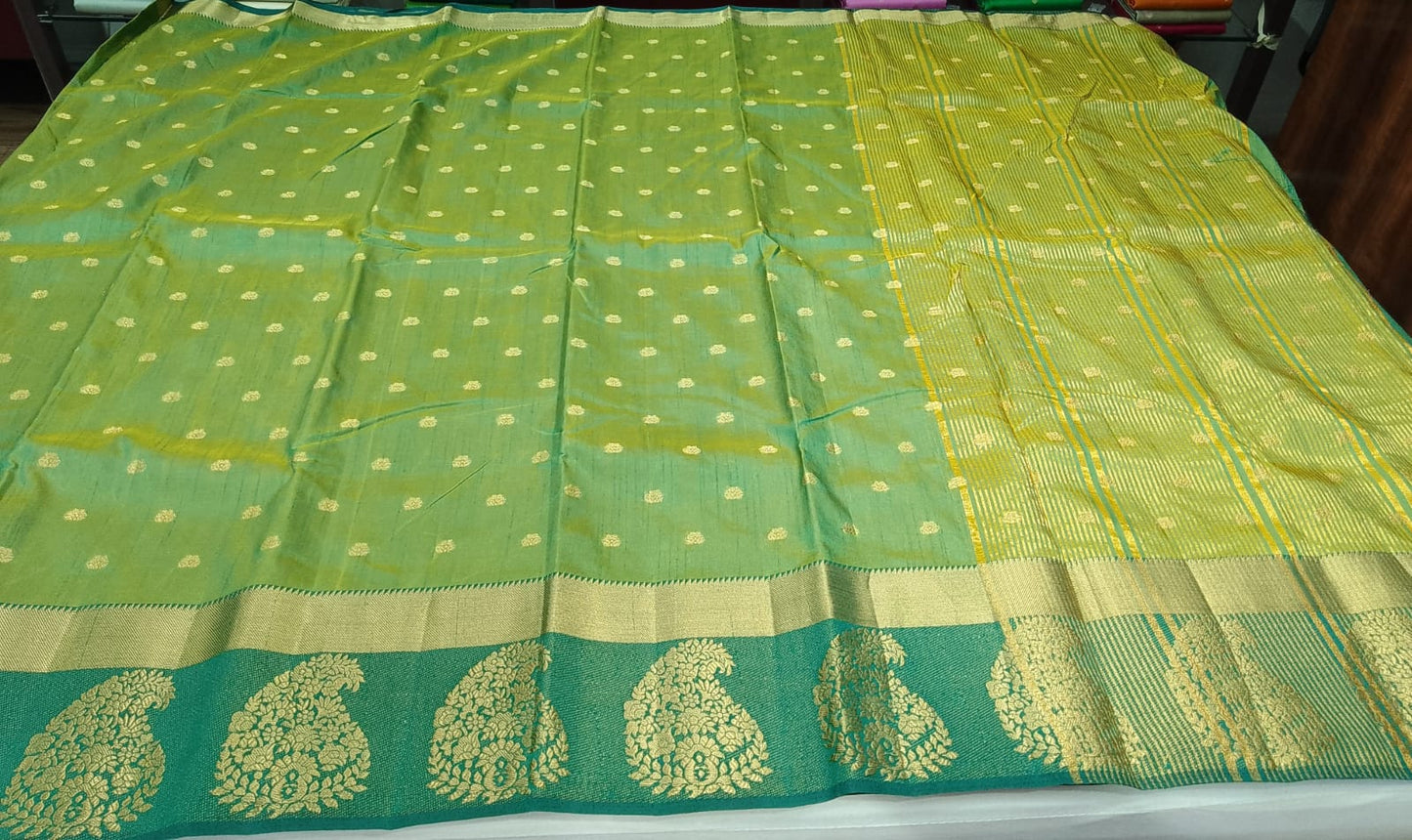 Parrot Green Dual Shade Tussar Semi Silk Saree with Peacock Green Zari Border