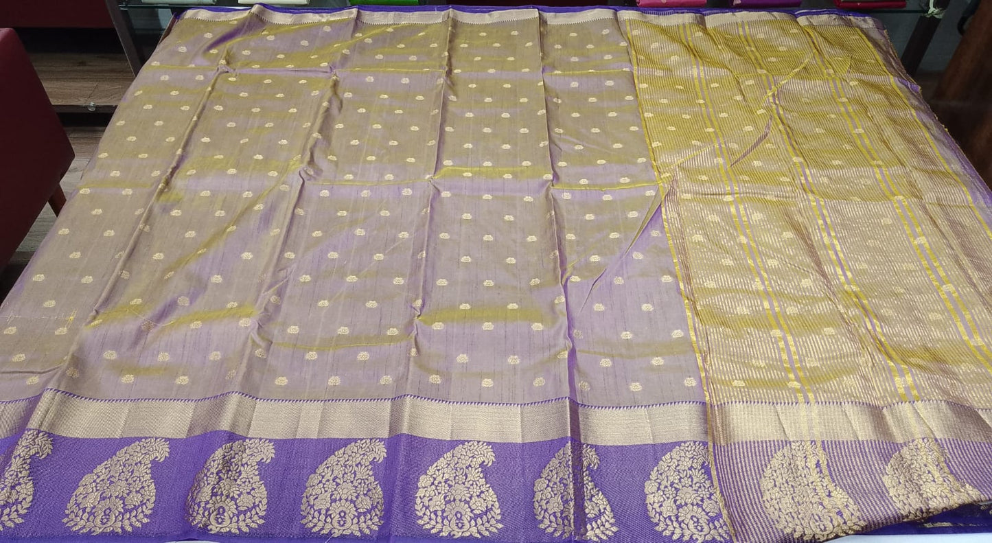 Lavender Grey Dual Shade Tussar Semi Silk Saree with Royal Purple Zari Border