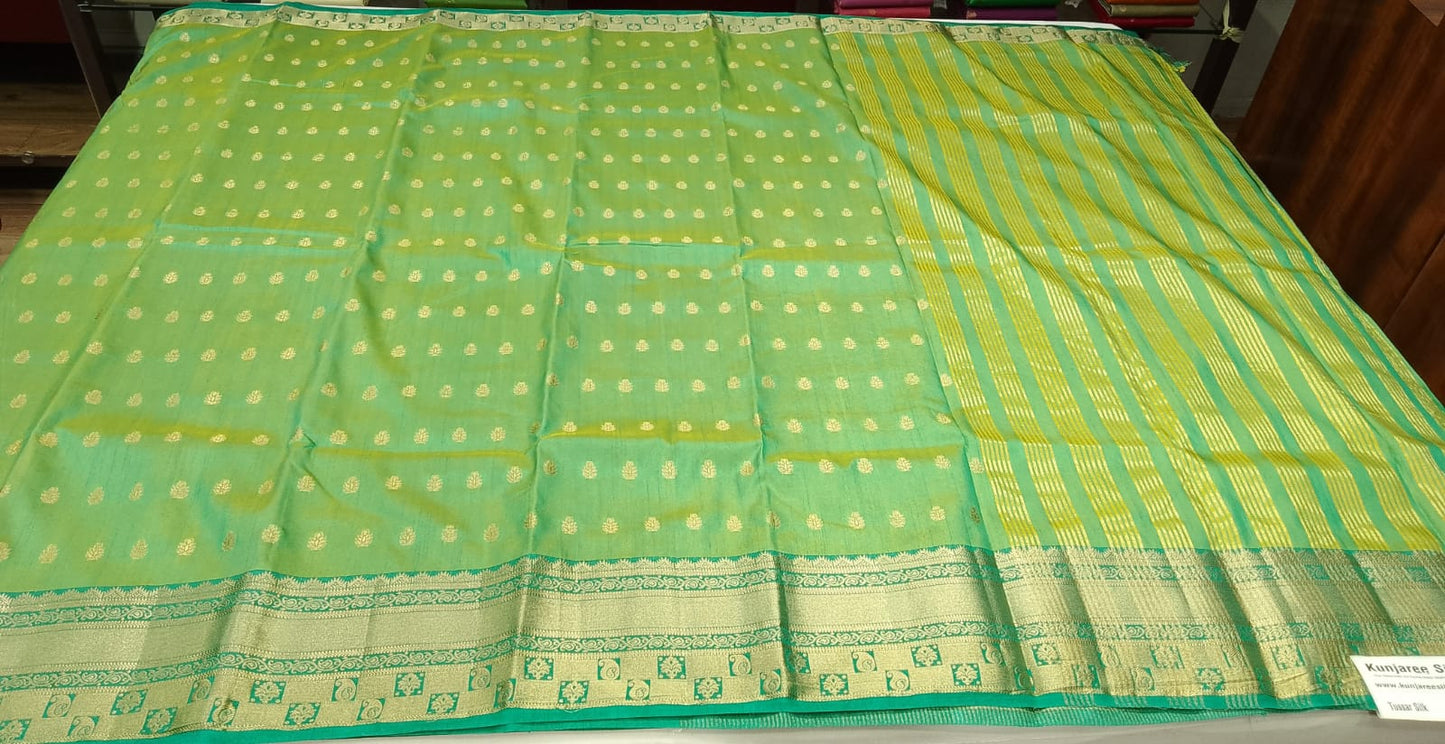 Mint Green Dual Shade Tussar Semi Silk Saree with Teal Green Zari Border