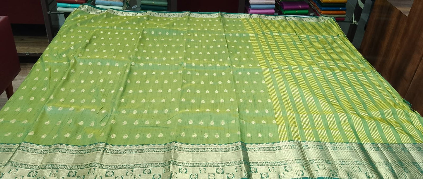 Pista Green Dual Shade Tussar Semi Silk Saree with Emerald Green Zari Border