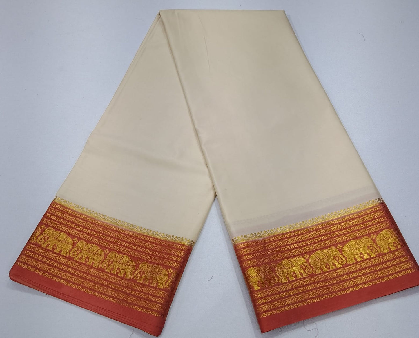 Elegant Off-White Mysore Silk Saree with Peach Zari Pallu & Traditional Gaja Border