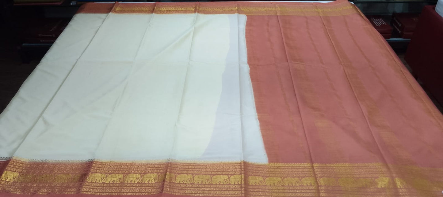 Elegant Off-White Mysore Silk Saree with Peach Zari Pallu & Traditional Gaja Border