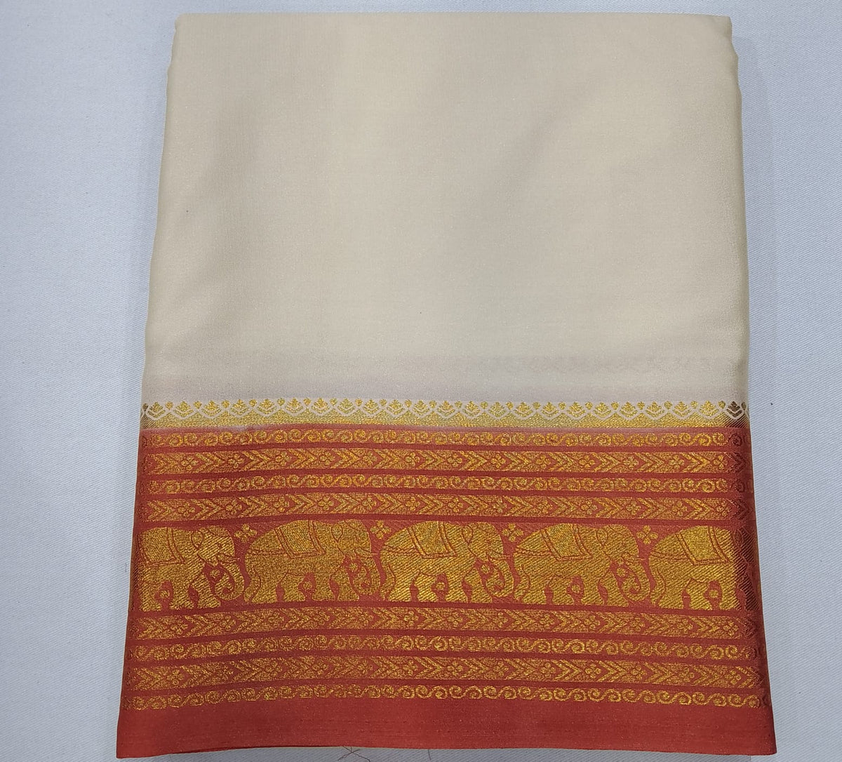 Elegant Off-White Mysore Silk Saree with Peach Zari Pallu & Traditional Gaja Border