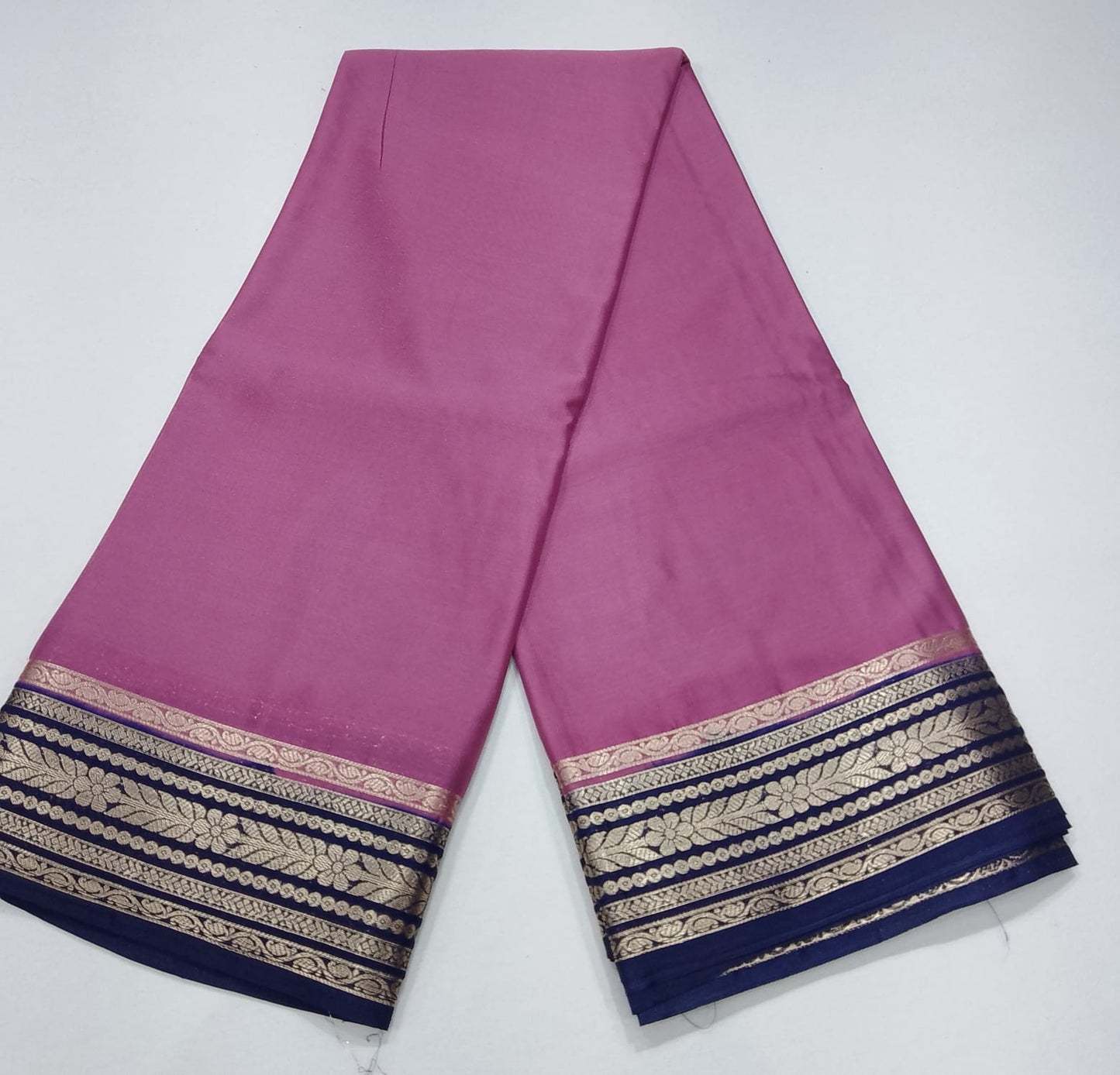 Mysore Silk Saree in Orchid Pink with Royal Navy Blue Zari Border & Pallu