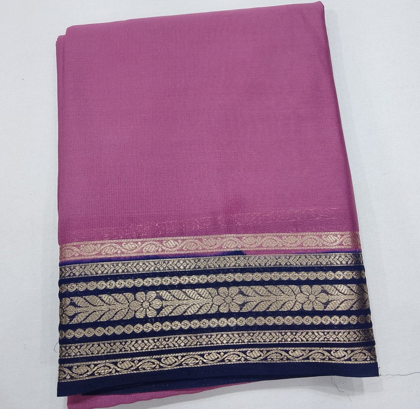 Mysore Silk Saree in Orchid Pink with Royal Navy Blue Zari Border & Pallu
