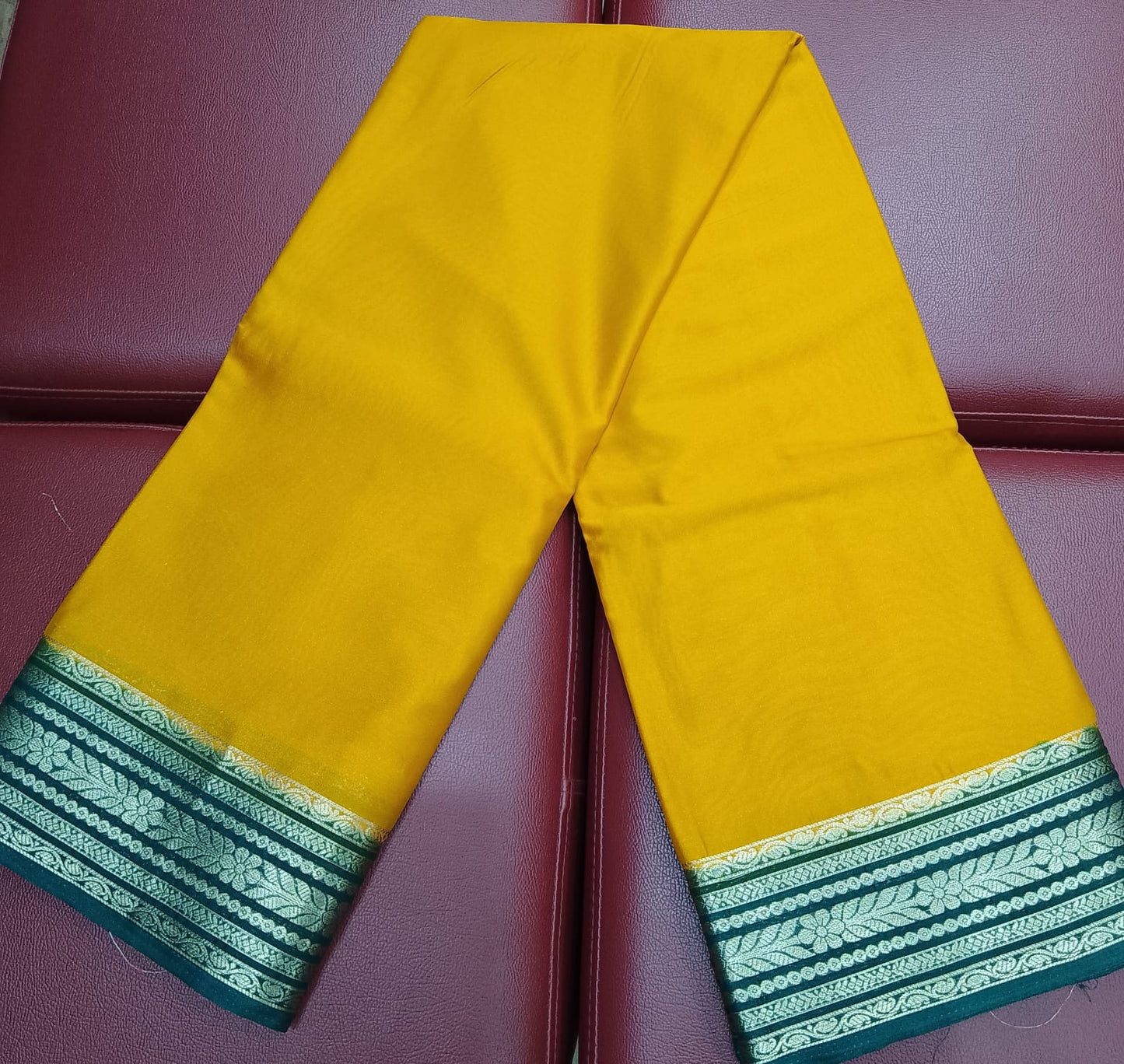 Mysore Silk Saree in Mustard Yellow with Bottle Green Silver Zari Border & Pallu