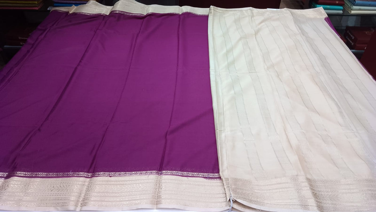Mysore Silk Saree in Royal Wine Purple with Ivory Cream Silver Zari Border & Pallu