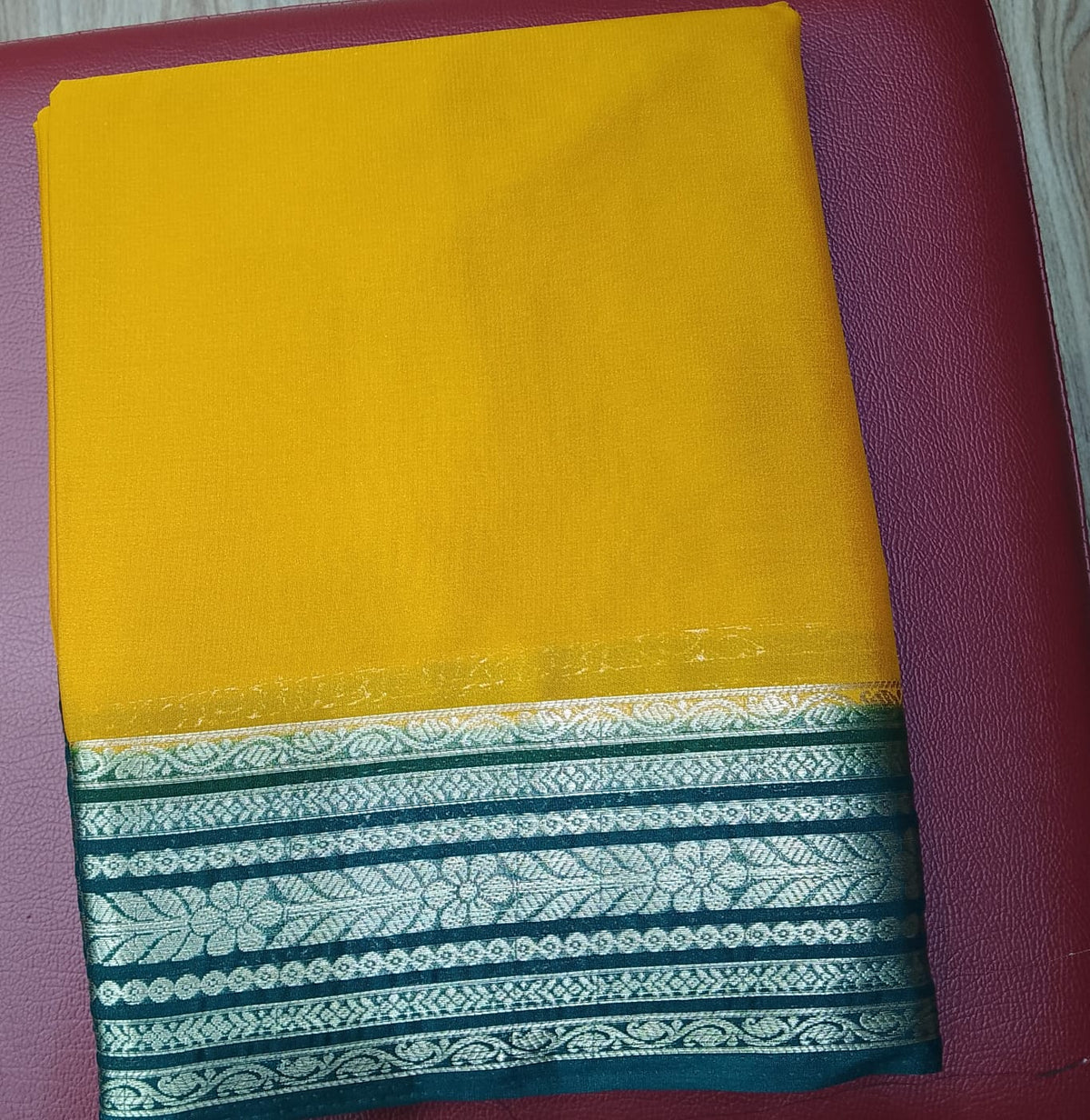 Mysore Silk Saree in Mustard Yellow with Bottle Green Silver Zari Border & Pallu