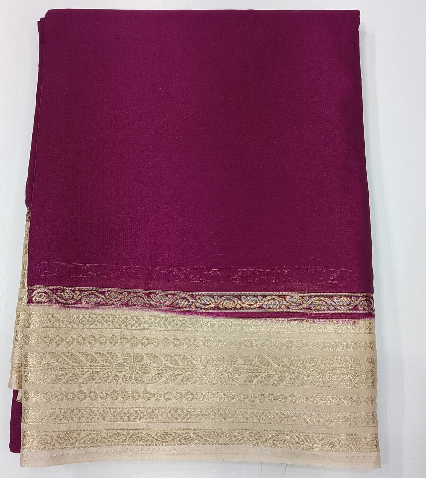 Mysore Silk Saree in Royal Wine Purple with Ivory Cream Silver Zari Border & Pallu
