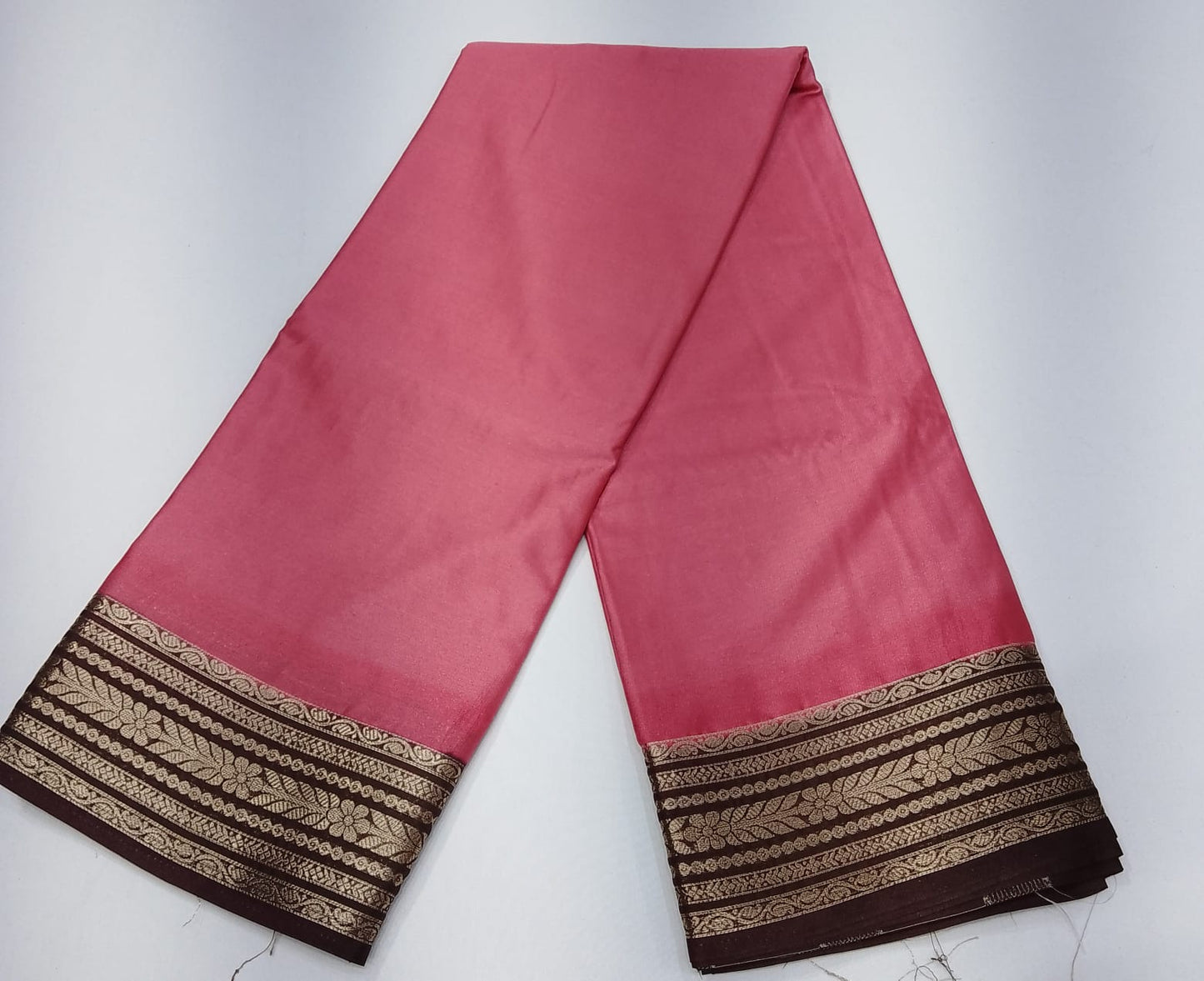 Mysore Silk Saree in Rose Pink with Coffee Brown Gold Zari Border & Pallu