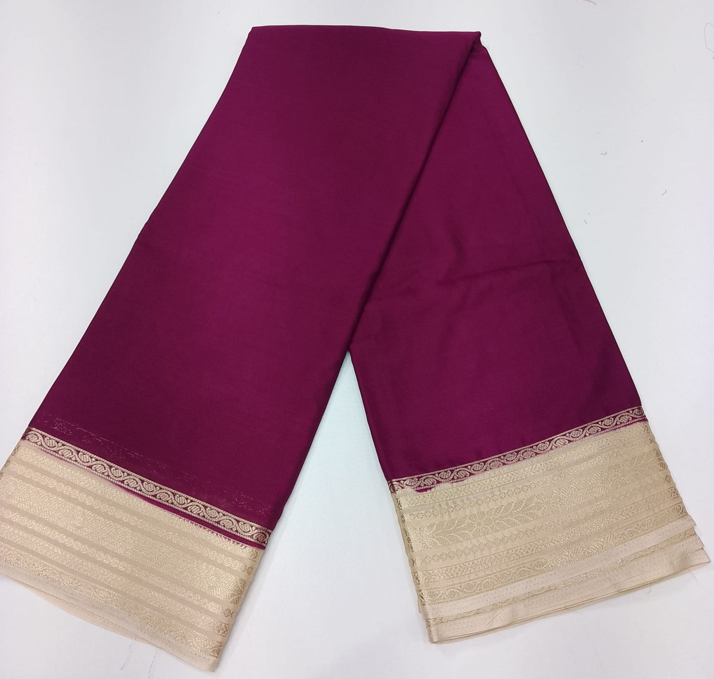 Mysore Silk Saree in Royal Wine Purple with Ivory Cream Silver Zari Border & Pallu