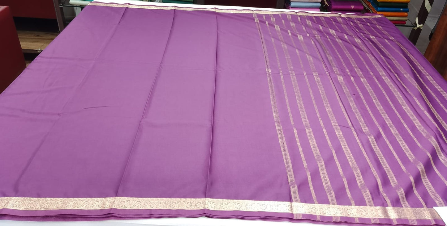 Mysore Silk Saree in Royal Purple with Gold Zari Border & Striped Pallu