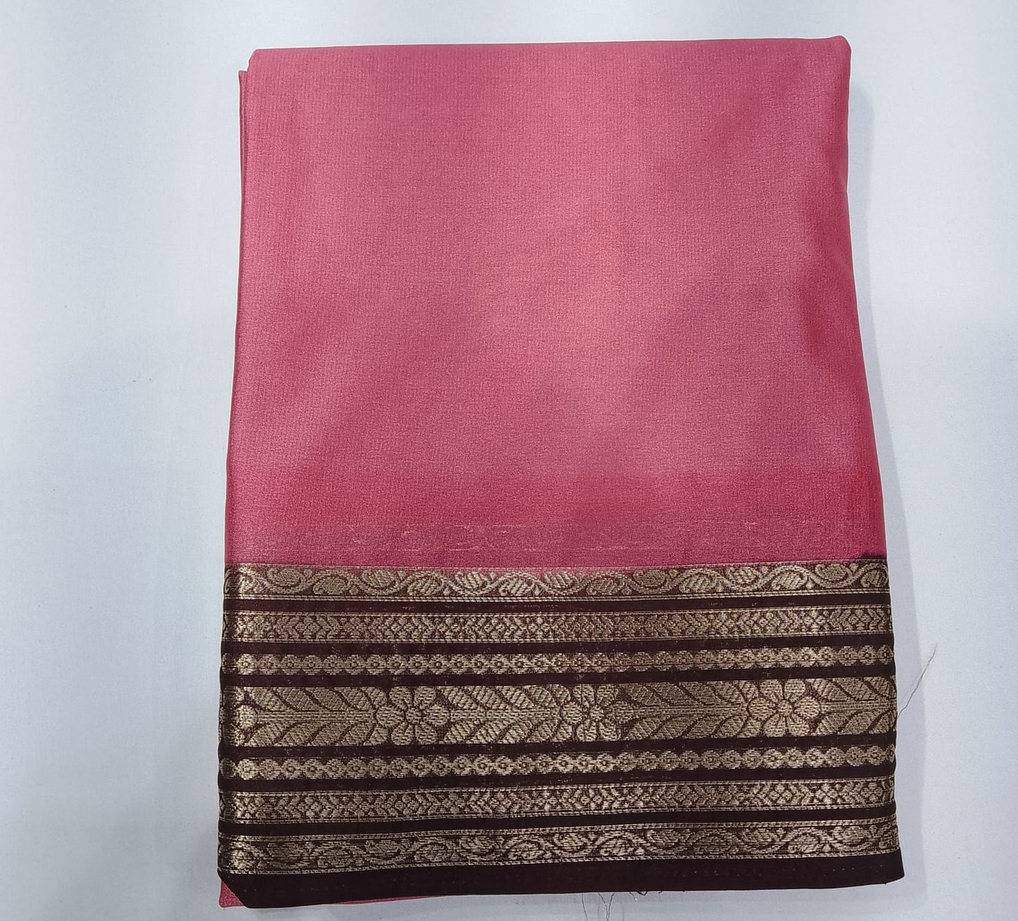 Mysore Silk Saree in Rose Pink with Coffee Brown Gold Zari Border & Pallu