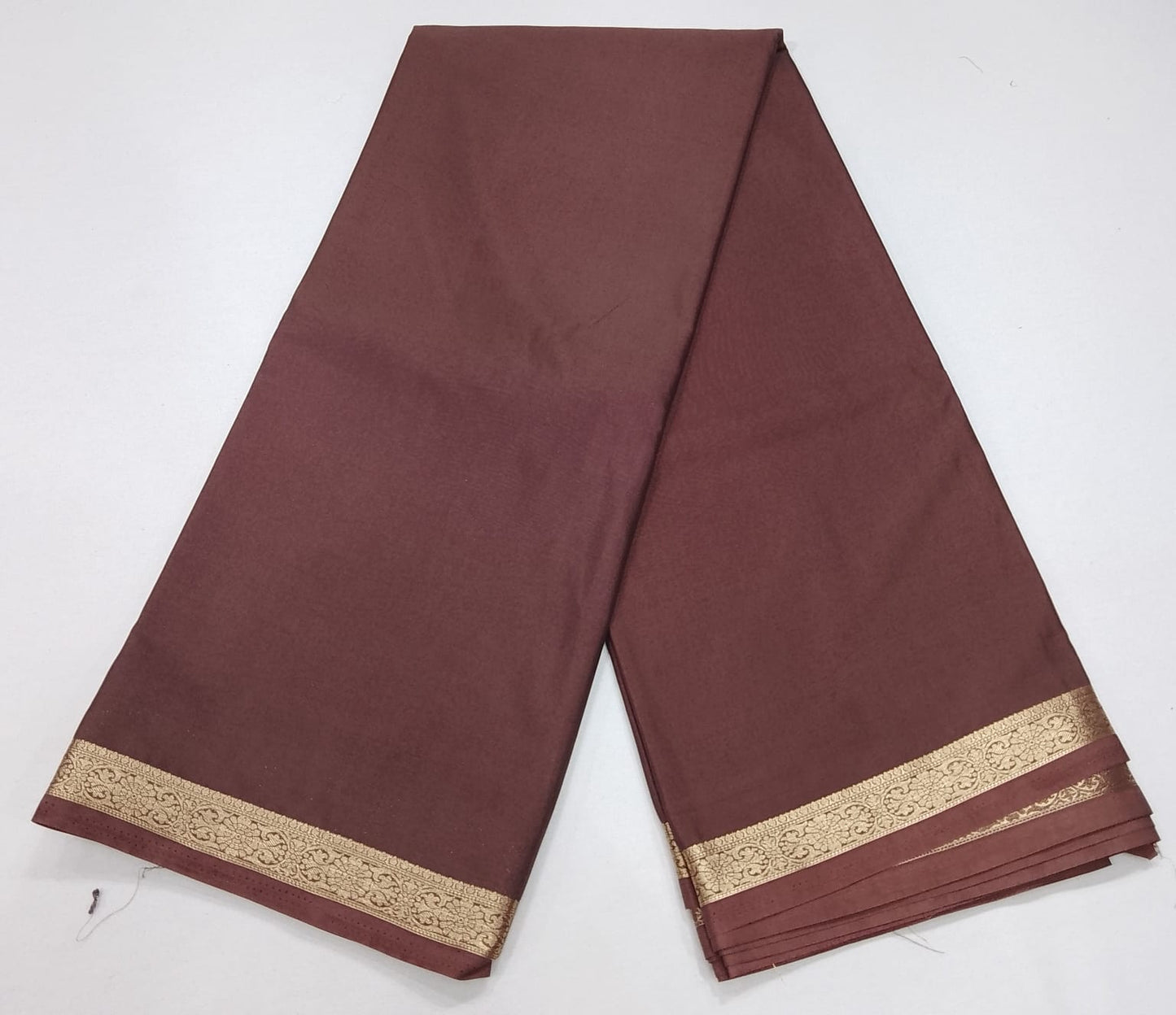 Mysore Silk Saree in Mocha Brown with Gold Zari Border & Self Striped Pallu