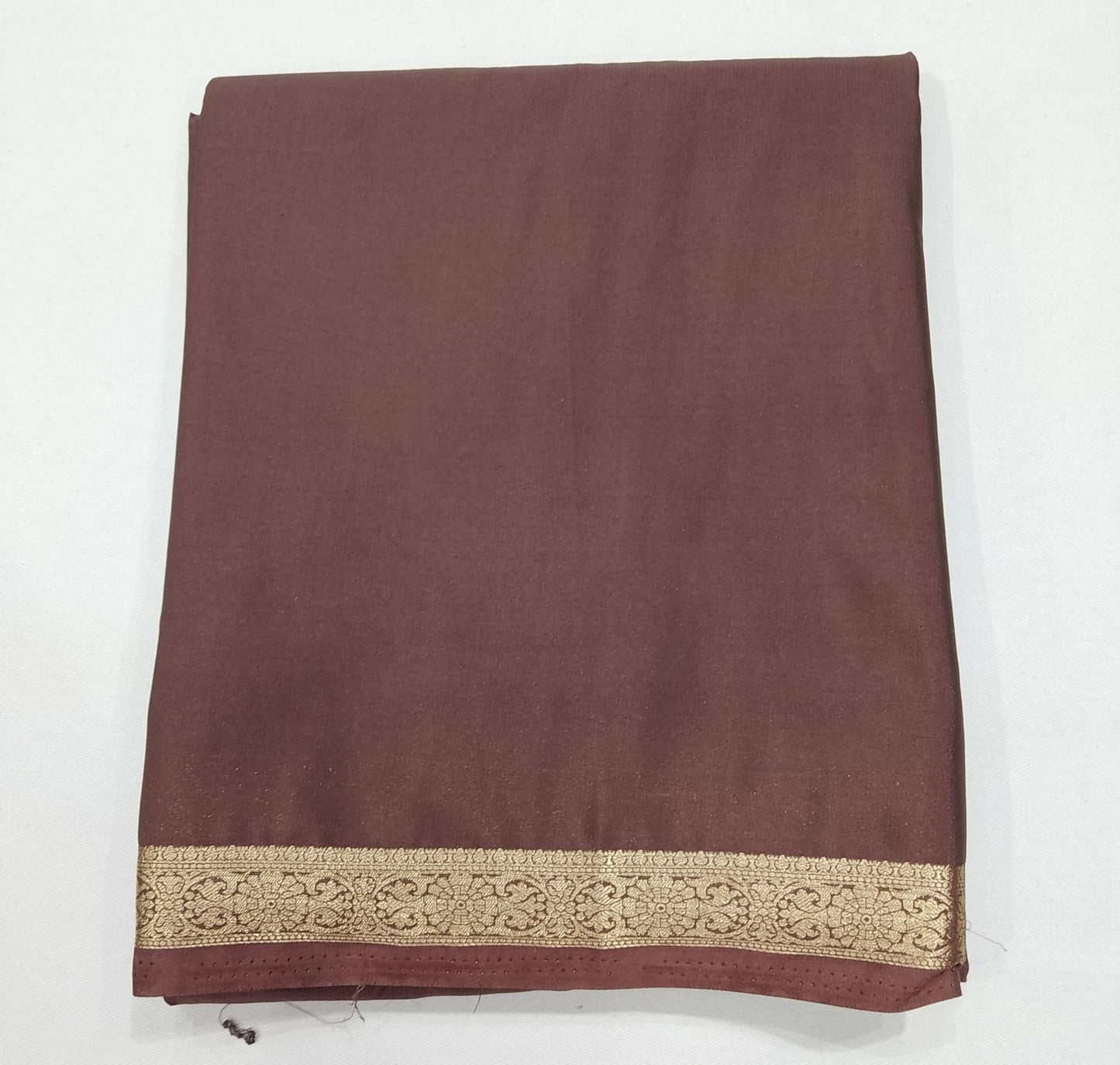Mysore Silk Saree in Mocha Brown with Gold Zari Border & Self Striped Pallu