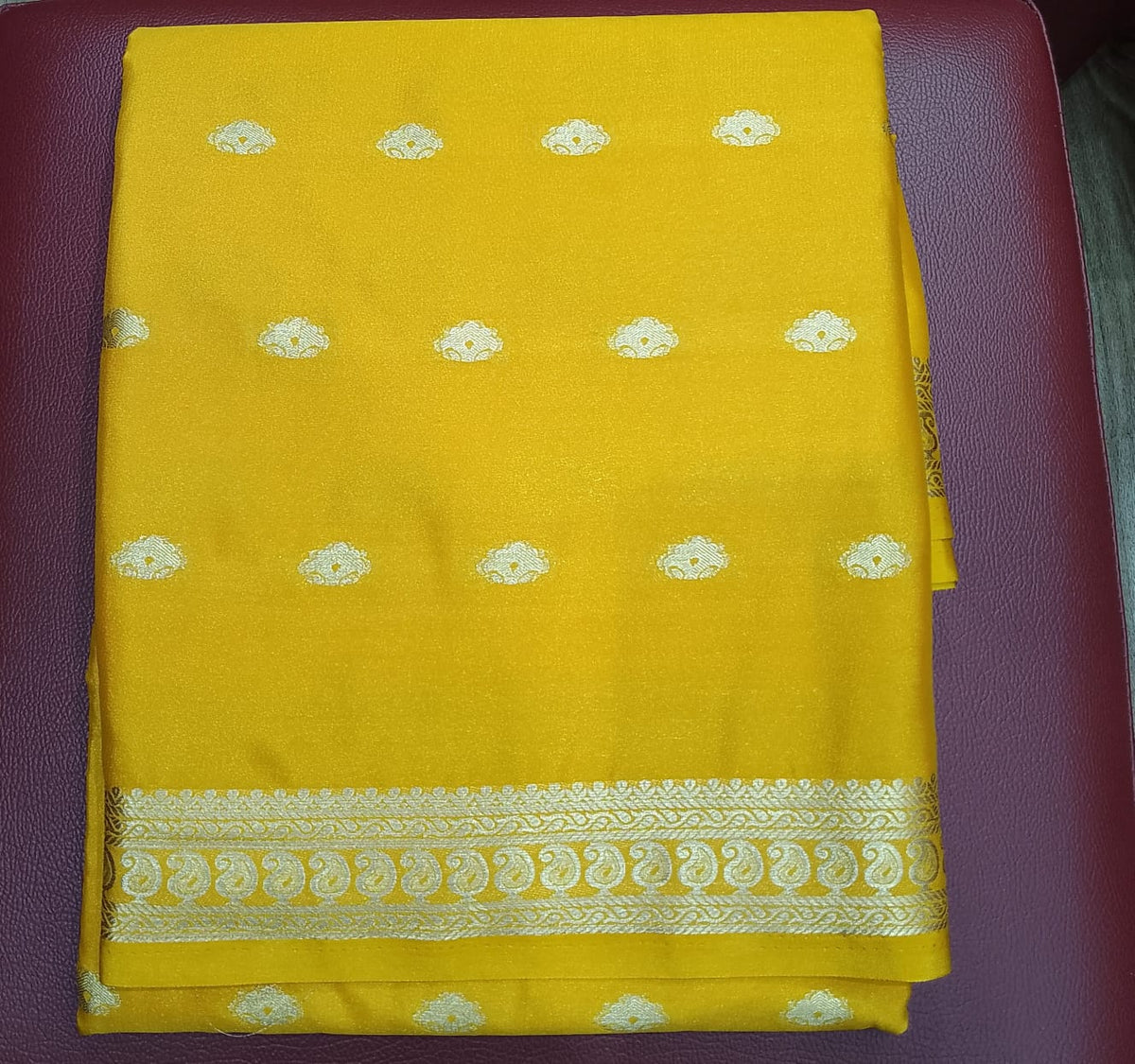 Radiant Lemon Yellow Semi Mysore Silk Saree with Silver Zari Buttas & Traditional Border
