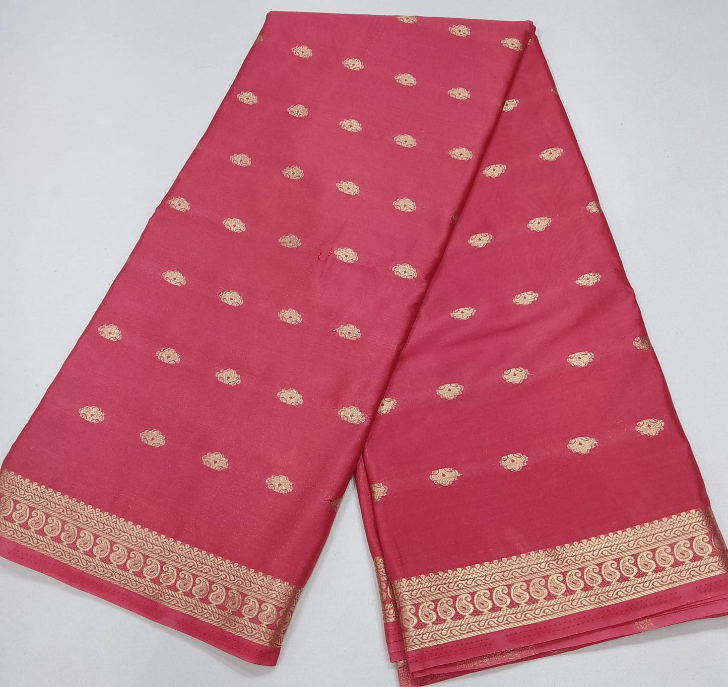 Mysore Silk Coral Pink Saree with Traditional Gold Zari Buttas & Elegant Woven Border