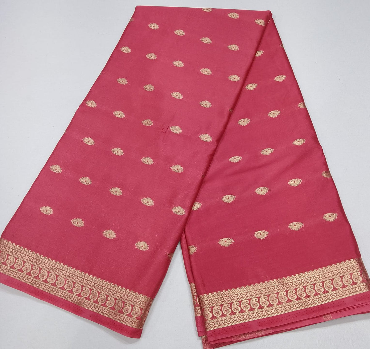 Mysore Silk Coral Pink Saree with Traditional Gold Zari Buttas & Elegant Woven Border