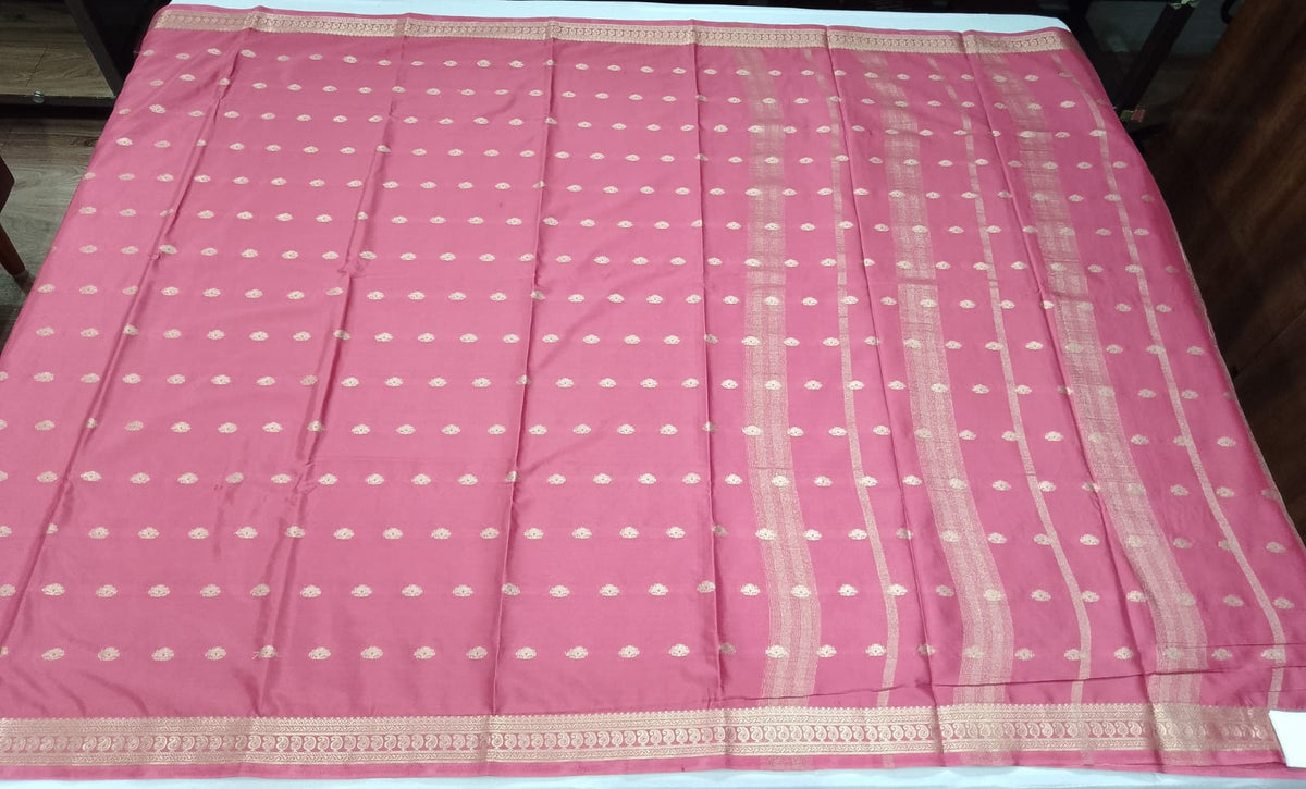 Mysore Silk Coral Pink Saree with Traditional Gold Zari Buttas & Elegant Woven Border