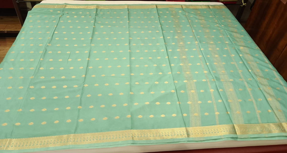 Mysore Silk Light Aqua Green Saree with Gold Zari Buttas & Traditional Gold Border