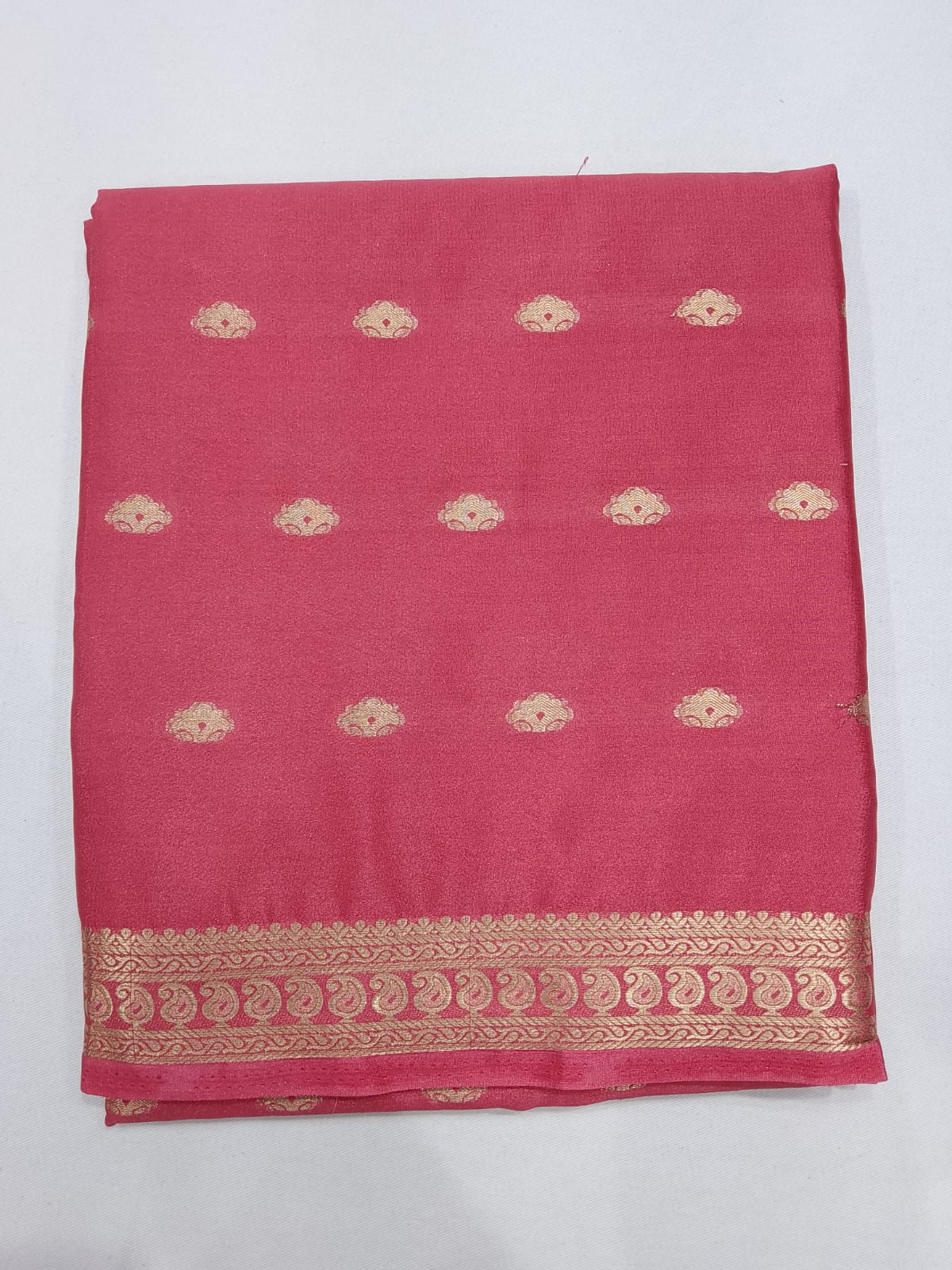 Mysore Silk Coral Pink Saree with Traditional Gold Zari Buttas & Elegant Woven Border