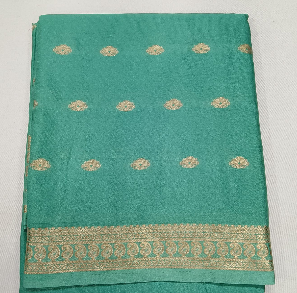Mysore Silk Light Aqua Green Saree with Gold Zari Buttas & Traditional Gold Border
