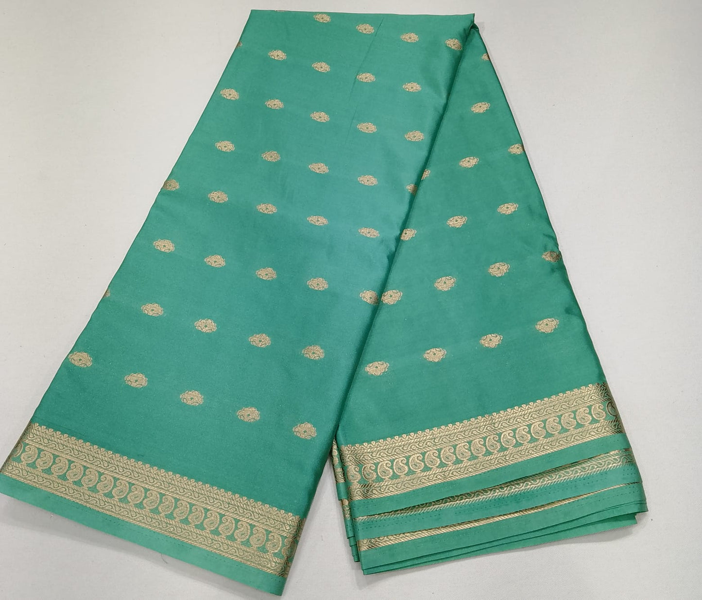 Mysore Silk Light Aqua Green Saree with Gold Zari Buttas & Traditional Gold Border