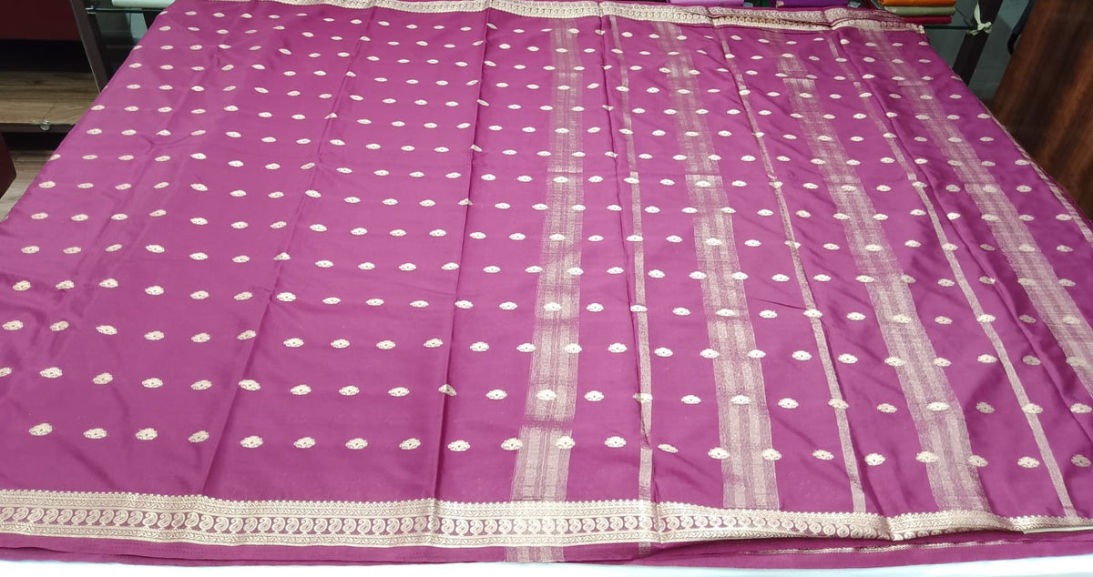 Deep Wine Magenta Mysore Silk Saree with Antique Gold Zari Buttas & Traditional Border