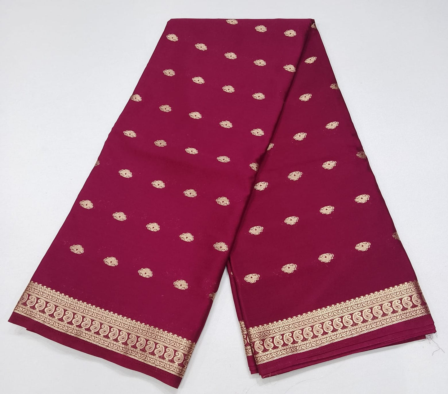 Deep Wine Magenta Mysore Silk Saree with Antique Gold Zari Buttas & Traditional Border