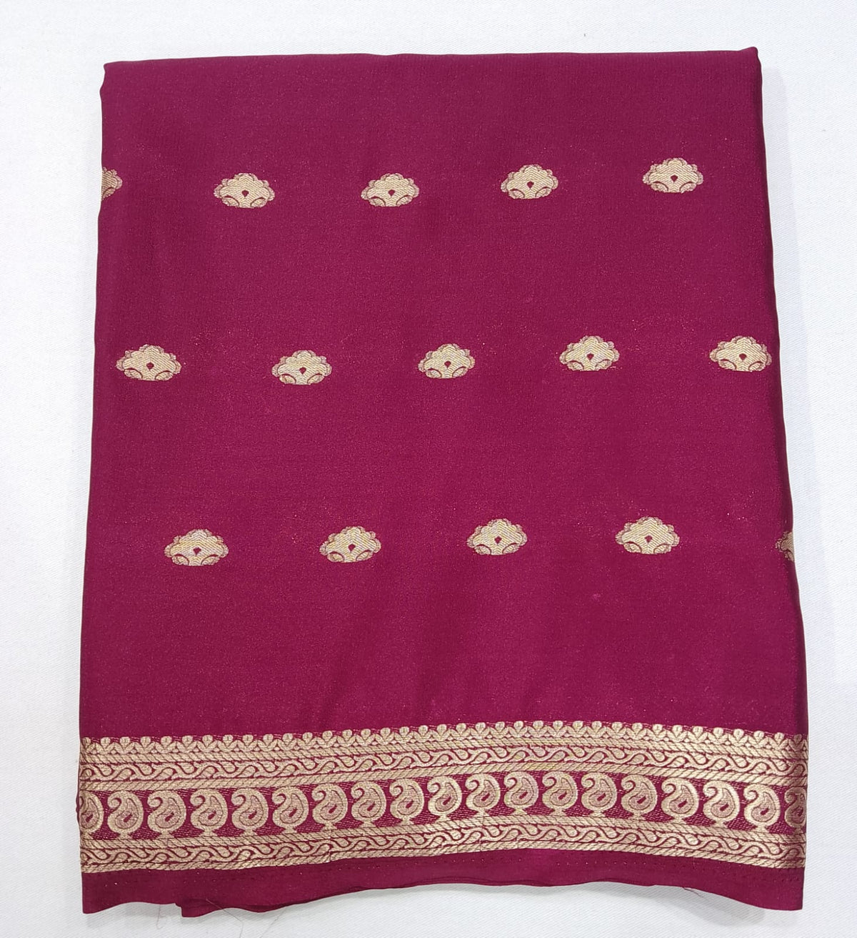 Deep Wine Magenta Mysore Silk Saree with Antique Gold Zari Buttas & Traditional Border