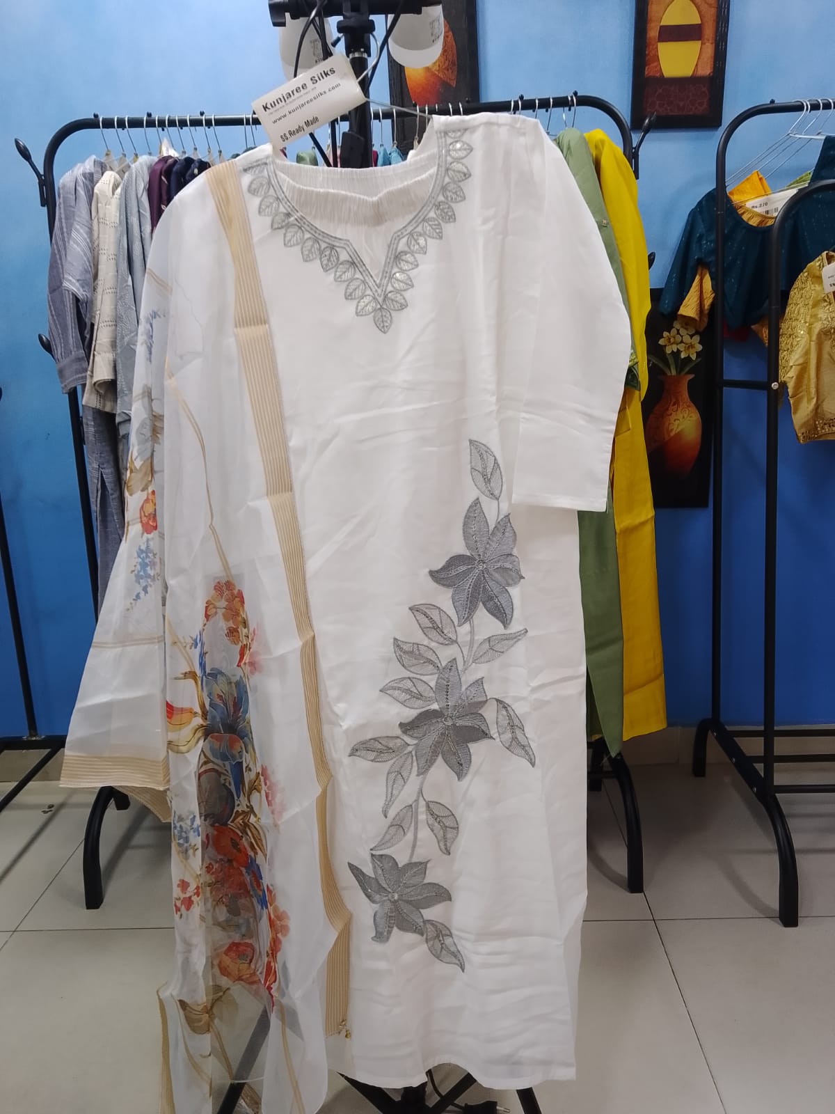 Elegant Ivory White Ready-Made Salwar Suit with Silver Floral Embroidery & Printed Dupatta