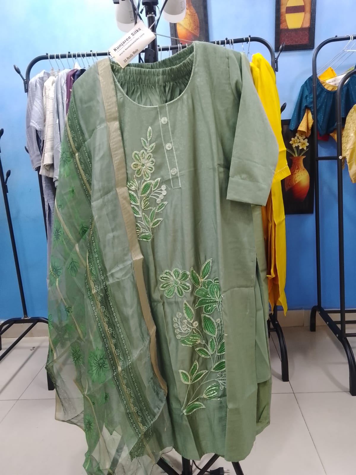 Elegant Dusty Sage Green Salwar Suit with Floral Embroidery & Organza Dupatta