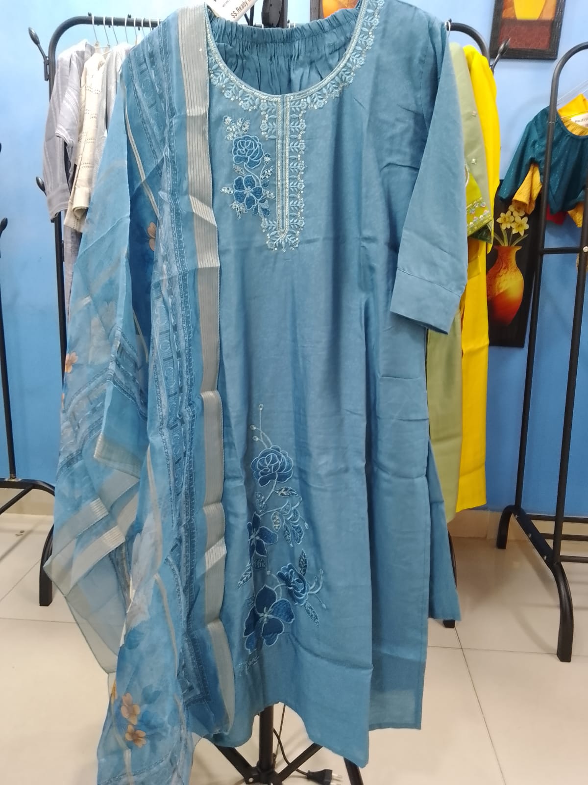 Elegant Dusty Sky Blue Embroidered Ready-Made Salwar Suit with Organza Dupatta