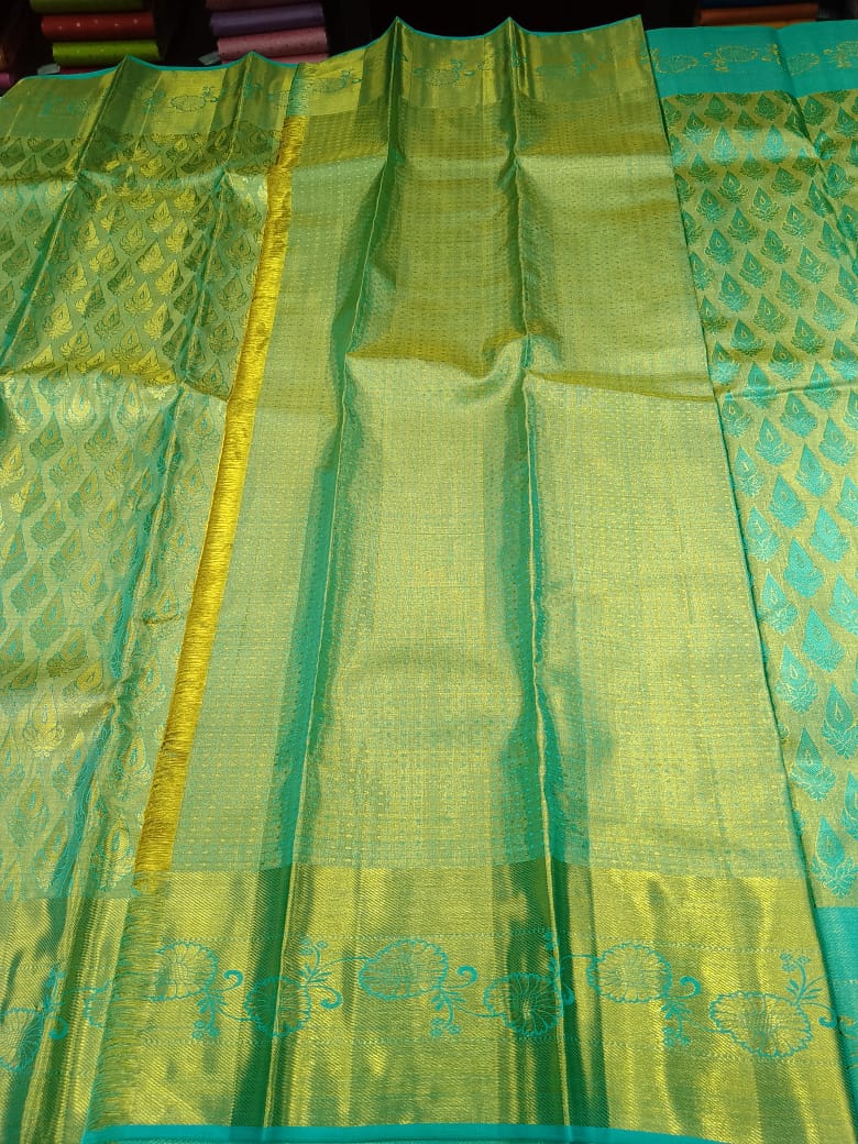 Elegant Olive-Moss Green with Turquoise Zari Accents
