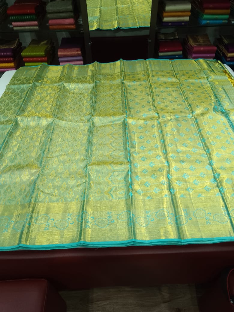 Elegant Olive-Moss Green with Turquoise Zari Accents