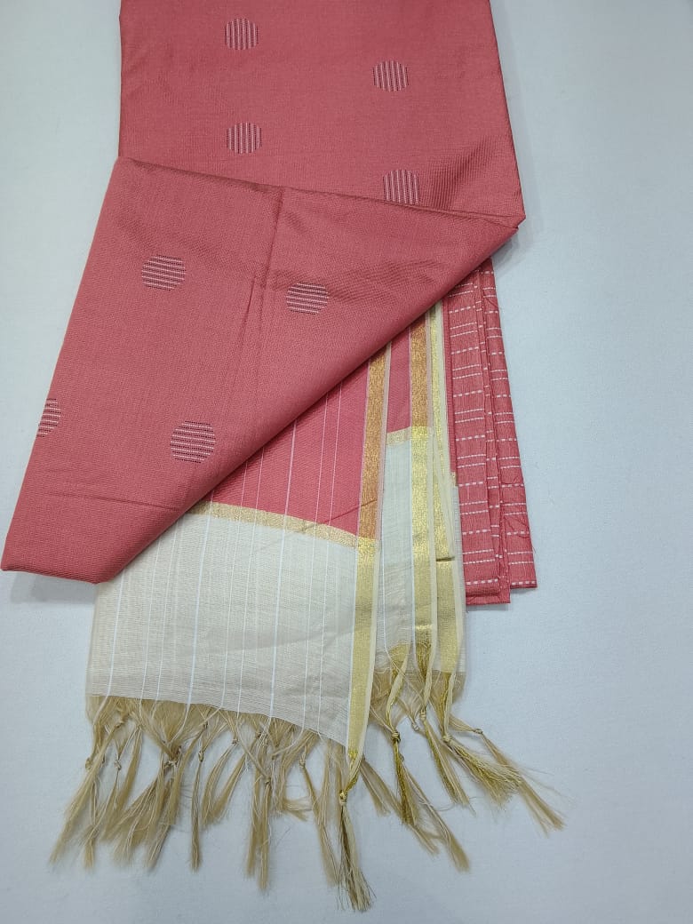 Rose Gold Silk Cotton Suit Set with Dual-Tone Striped Dupatta
