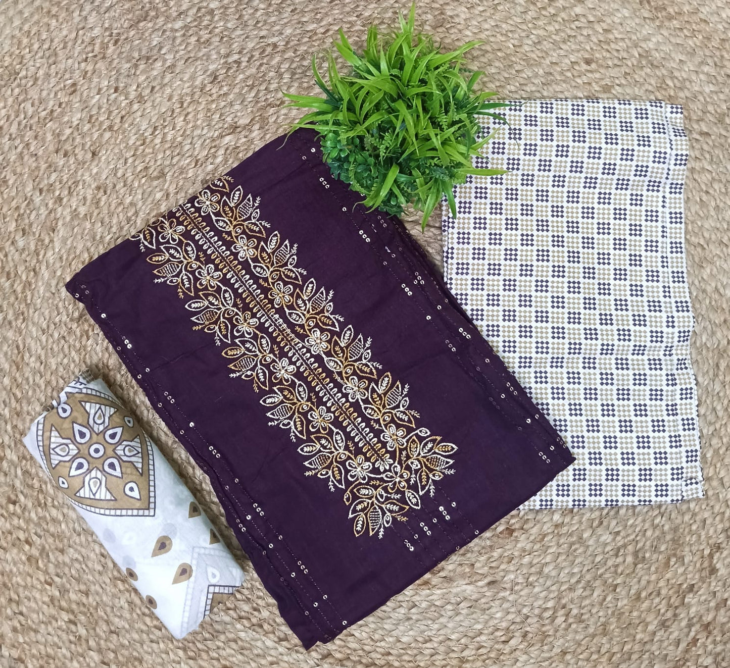 Elegant Wine Purple Embroidered Unstitched Salwar Suit with Printed Dupatta