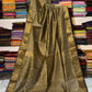 Pure Maheshwari Handloom Silk Saree in Olive Brown with Gold Zari Border