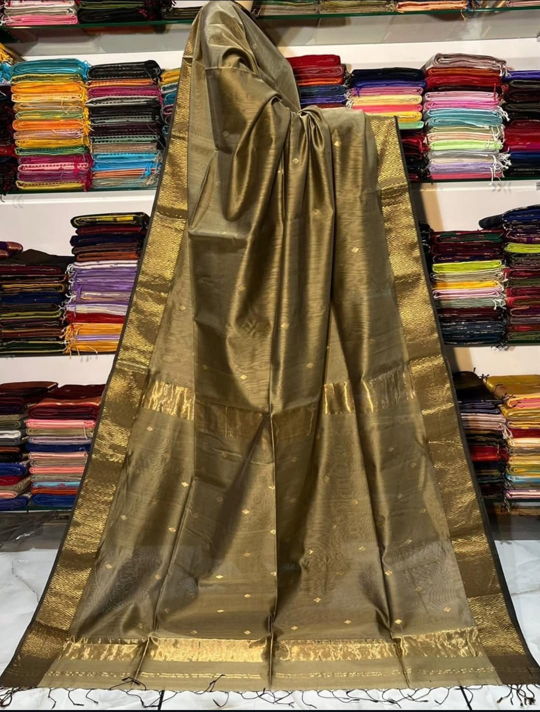 Pure Maheshwari Handloom Silk Saree in Olive Brown with Gold Zari Border