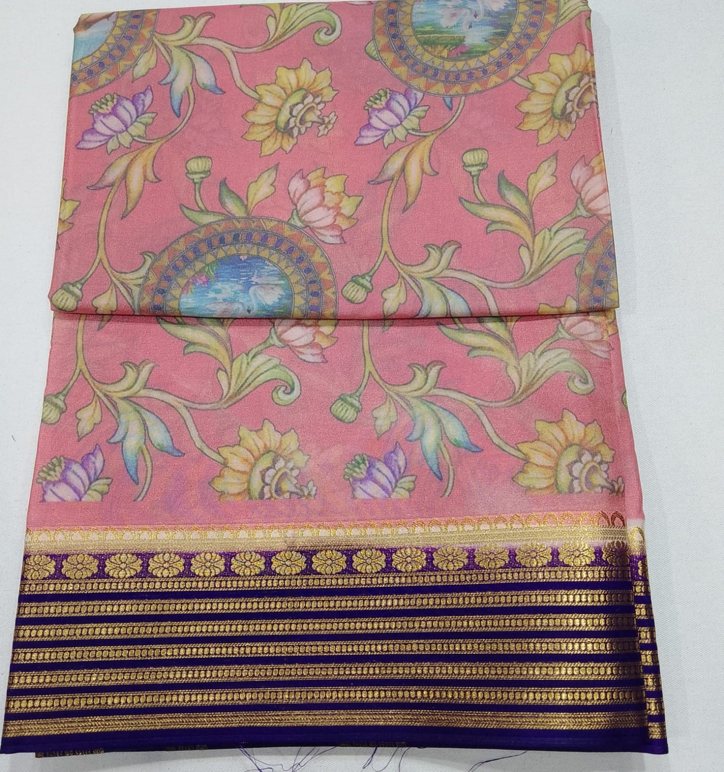 Mysore Silk Kalamkari Saree in Pastel Pink with Royal Blue Pallu