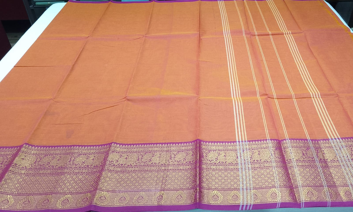 Rust Orange Chettinad Cotton Saree with Magenta Zari Border