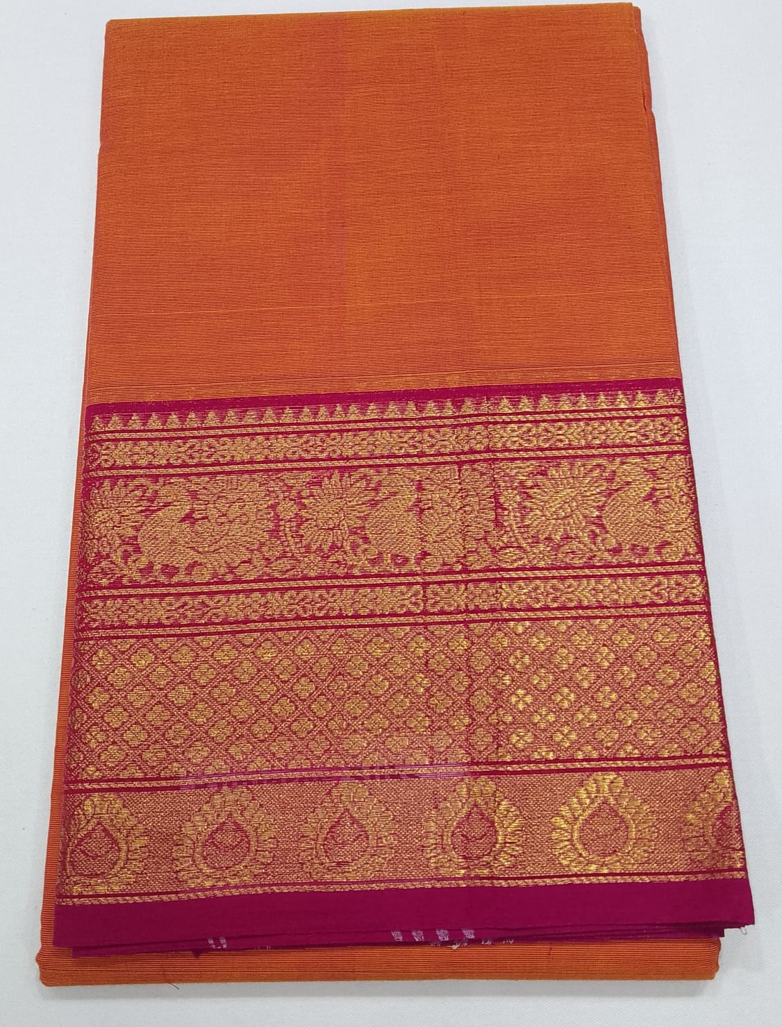 Rust Orange Chettinad Cotton Saree with Magenta Zari Border