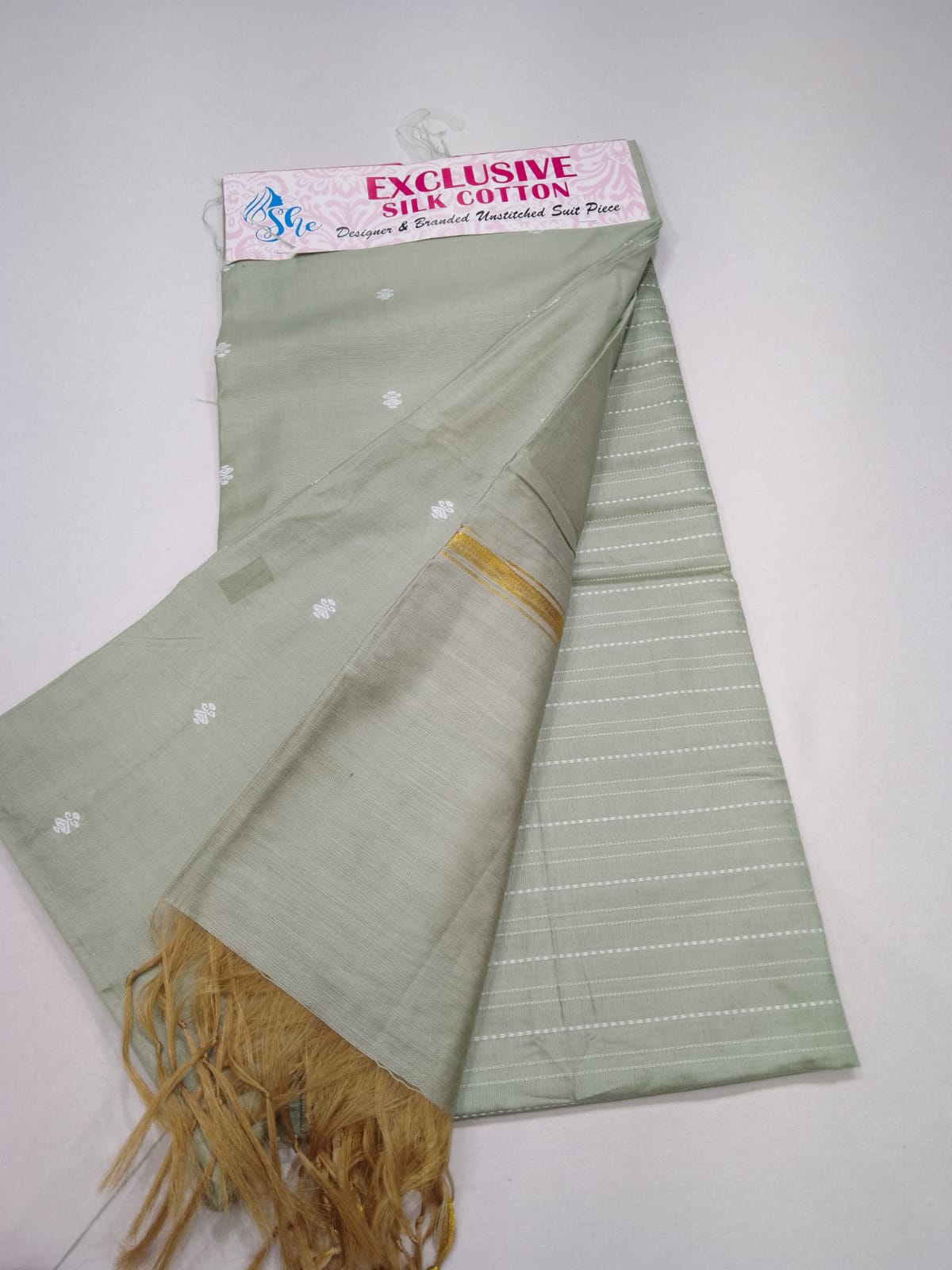 Elegant Sage Green Cotton Silk 3PC Salwar Suit Dress Material with Woven Dupatta